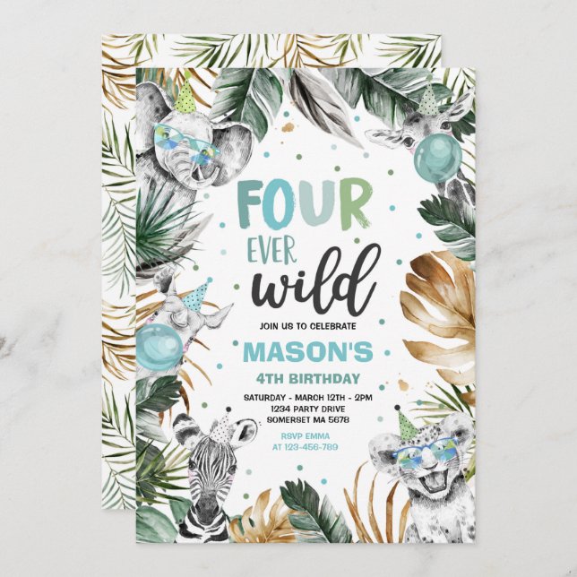 Four Ever Wild Safari Birthday Party Animals Invitation (Front/Back)