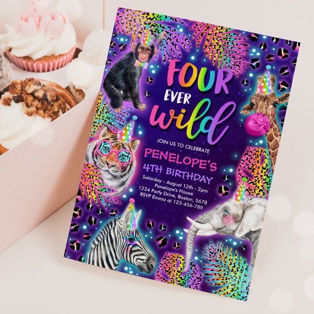 Four Ever Wild Safari Neon Cheetah Birthday Party Invitation (Creator Uploaded)