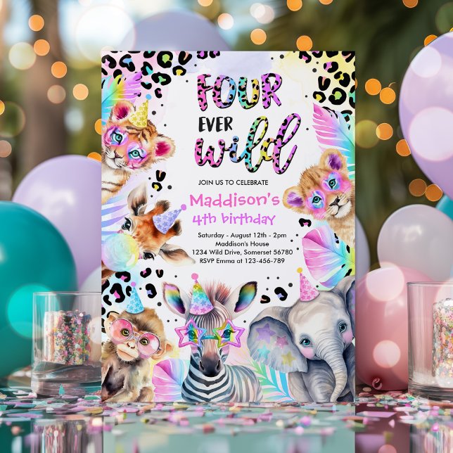 Four Ever Wild Safari Pink Girl Leopard Birthday Invitation (Creator Uploaded)