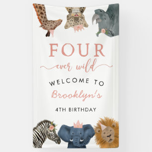 Four Ever Wild Safari Theme Girl's 4th Birthday  Banner