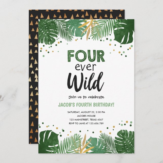 Four Ever Wild Tropical Safari Boy Birthday Invitation (Front/Back)
