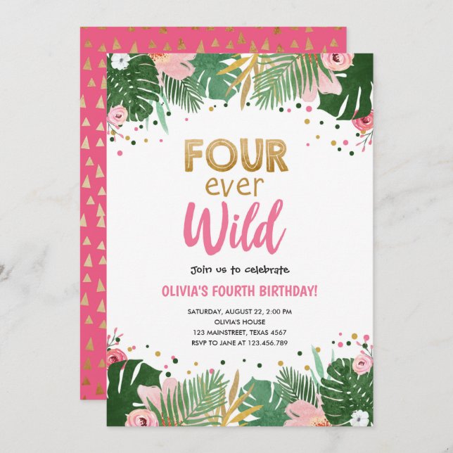 Four Ever Wild Tropical Safari Girl Birthday Invitation (Front/Back)