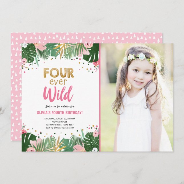 Four Ever Wild Tropical Safari Girl Birthday Invitation (Front/Back)