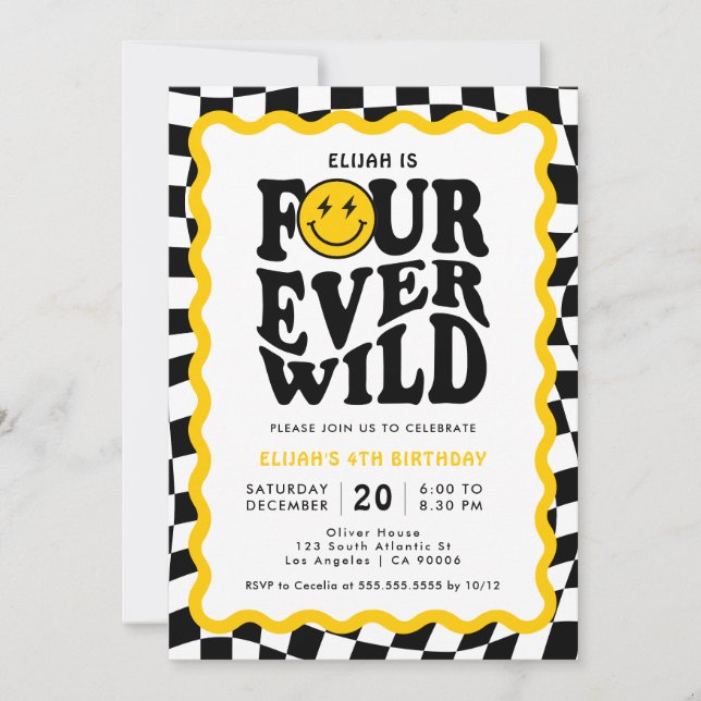 Four Ever Wild | Wavy Smile Face Boy 4th Birthday Invitation (Front)
