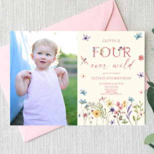 Four Ever Wild Wildflower Photo 4th Birthday Party Invitation
