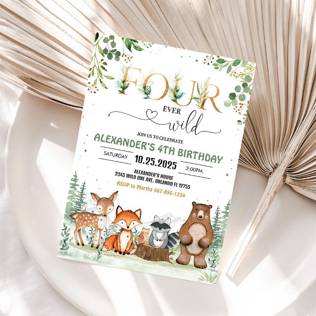 Four Ever Wild Woodland 4th Birthday Invitation (Creator Uploaded)