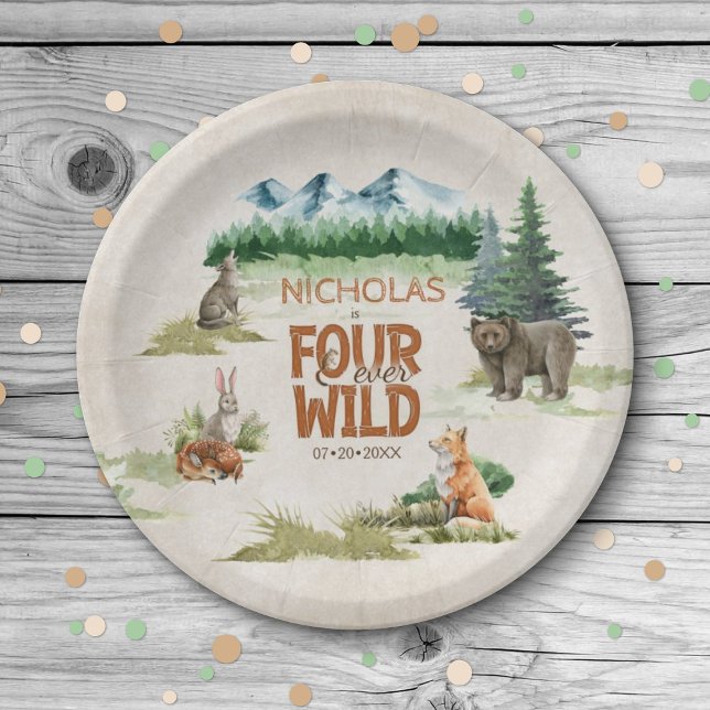 Four Ever Wild Woodland Animal 4th Birthday Party Paper Plate (Creator Uploaded)