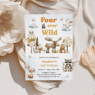 Four Ever Wild Woodland Animals 4th Birthday Invitation