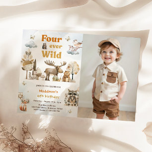Four Ever Wild Woodland Animals 4th Birthday Photo Invitation