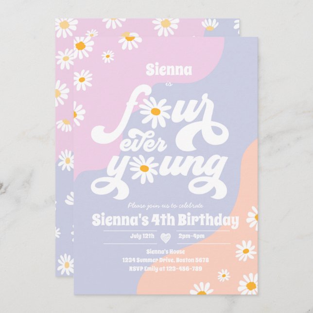 Four Ever Young 4th Birthday Party Boho Daisy Invitation (Front/Back)