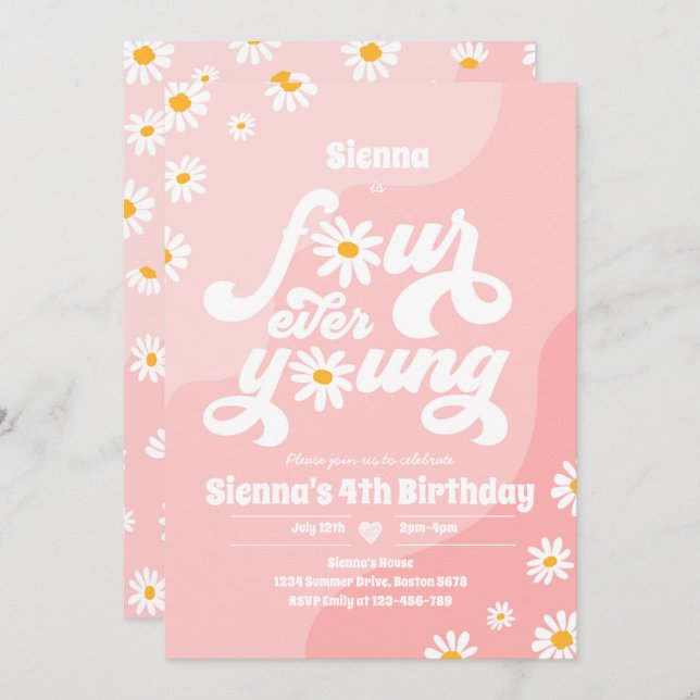Four Ever Young 4th Birthday Party Boho Daisy Invitation (Front/Back)