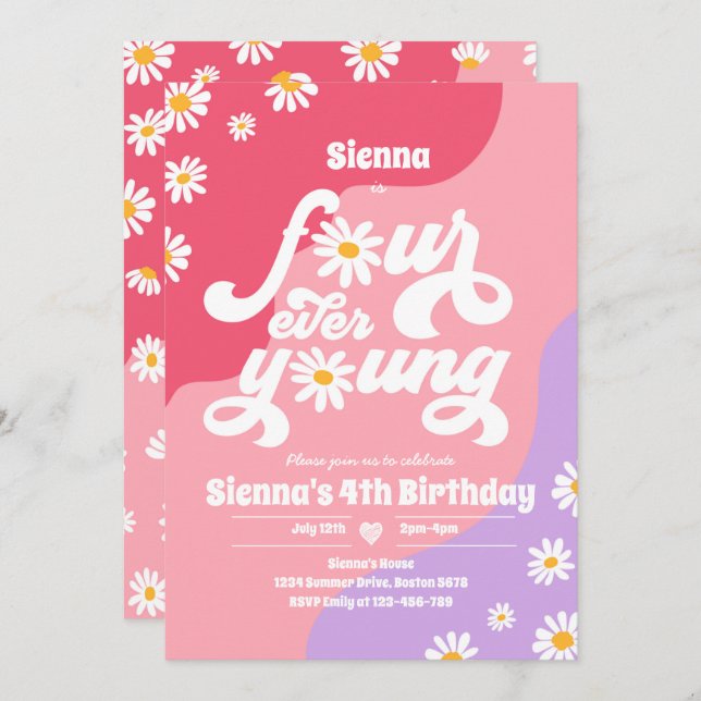 Four Ever Young 4th Birthday Party Boho Daisy Invitation (Front/Back)