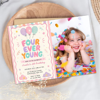 Four Ever Young Balloon 4th Birthday Photo Invitation