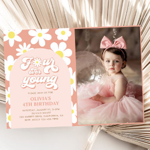 Four Ever Young Boho Daisy 4th Birthday Photo Invitation