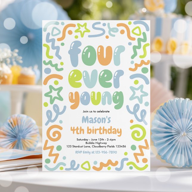 Four Ever Young Confetti Balloon 4th Birthday  Invitation (Creator Uploaded)