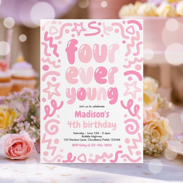 Four Ever Young Confetti Balloon 4th Birthday  Invitation (Creator Uploaded)