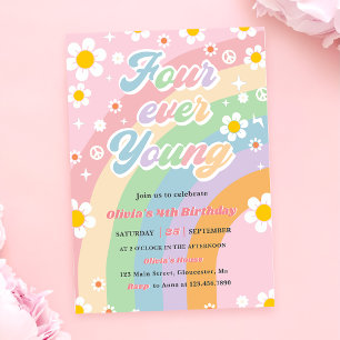 Four Ever Young Groovy Daisy Rainbow 4th Birthday Invitation