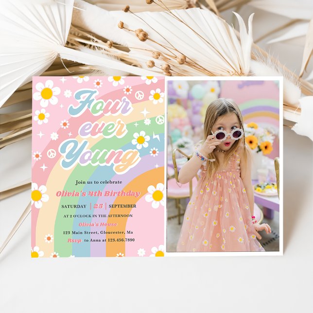 Four Ever Young Groovy Daisy Rainbow 4th Birthday  Invitation (Creator Uploaded)