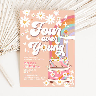 Four Ever Young Groovy Daisy Rainbow 4th Birthday Invitation