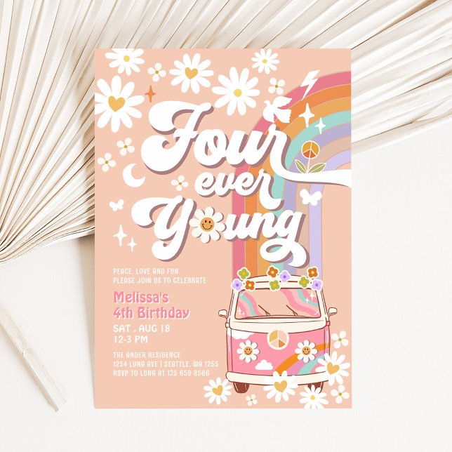 Four Ever Young Groovy Daisy Rainbow 4th Birthday Invitation (Creator Uploaded)