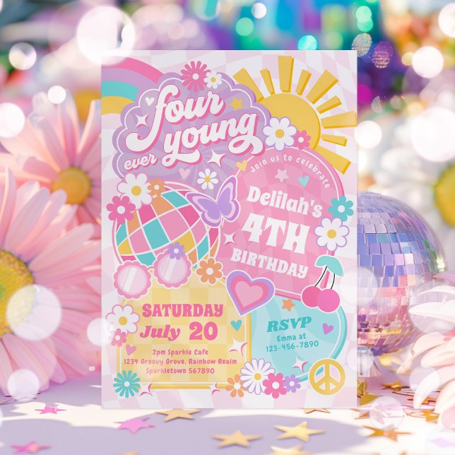 Four Ever Young Groovy Rainbow 4th Birthday Party Invitation (Creator Uploaded)
