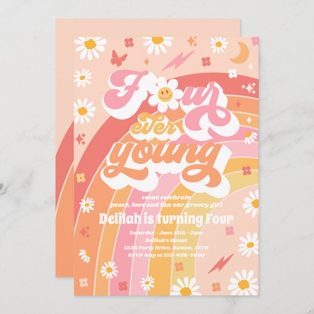 Four Ever Young Groovy Rainbow 4th Birthday Party Invitation (Front/Back)