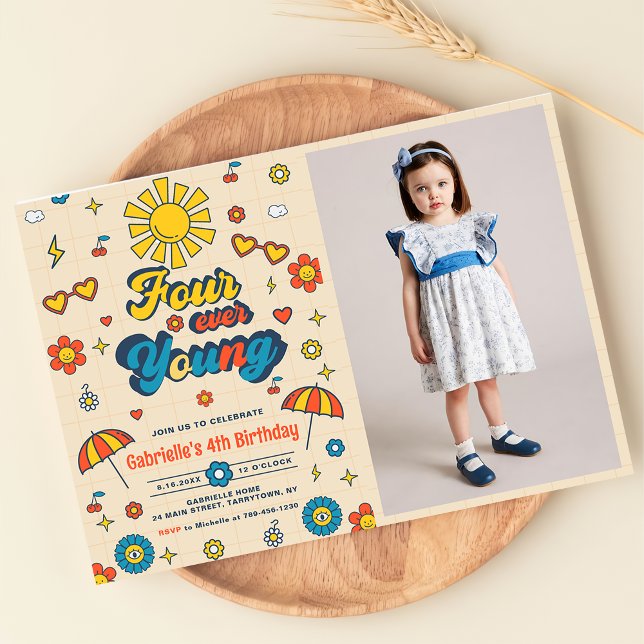 Four Ever Young Groovy Retro Daisy 4th Birthday Invitation (Creator Uploaded)