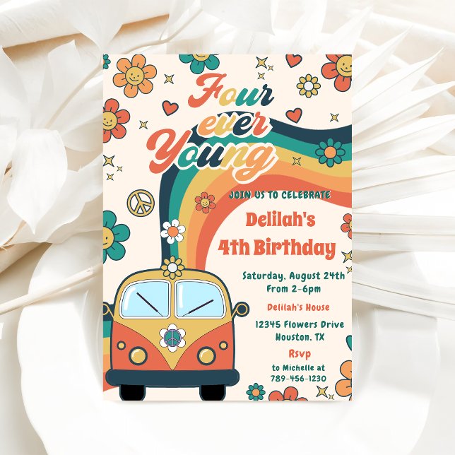 Four Ever Young Retro Floral 4th Birthday Party  Invitation (Creator Uploaded)