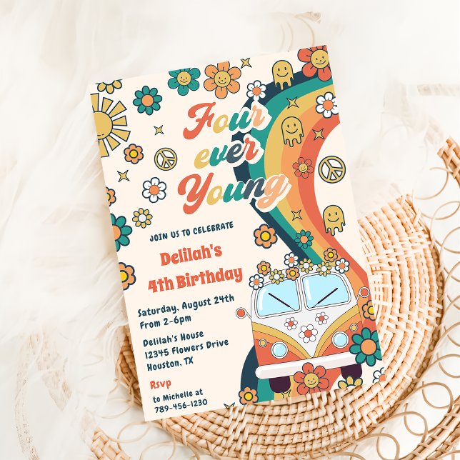 Four ever Young Retro Floral 4th Birthday Party Invitation (Creator Uploaded)