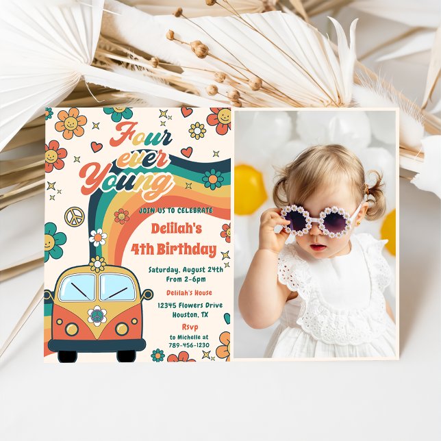 Four Ever Young Retro Floral 4th Birthday Photo  Invitation (Creator Uploaded)