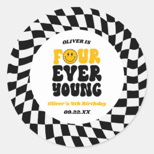 Four Ever Young Retro Fourth 4th Birthday Party Classic Round Sticker