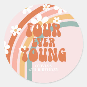Four Ever Young Retro rainbow 4th birthday Classic Round Sticker