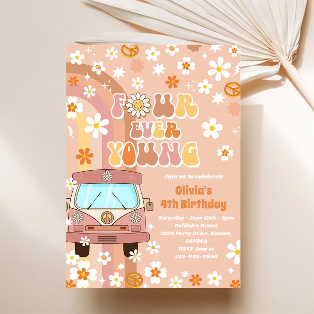 Four Ever Young Retro Rainbow 4th Birthday Invitation (Creator Uploaded)