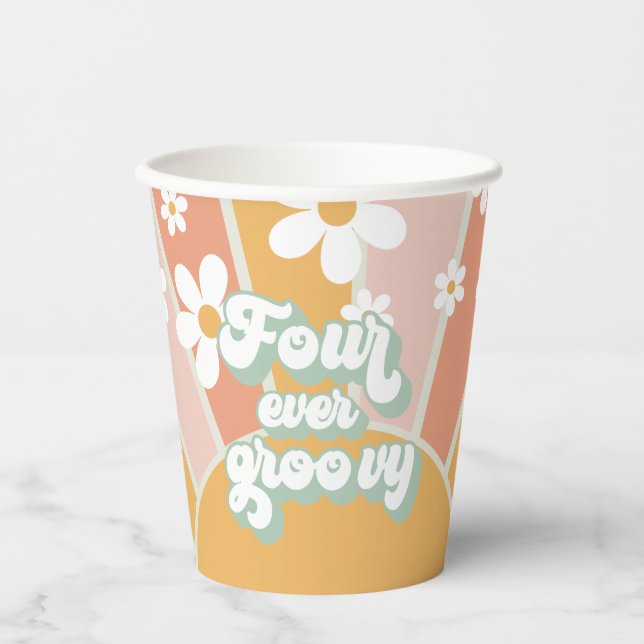 Four Every Groovy Retro Sunshine Daisy Birthday Paper Cups (Front)