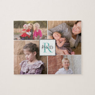 Four family photos, monogram and name jigsaw puzzle
