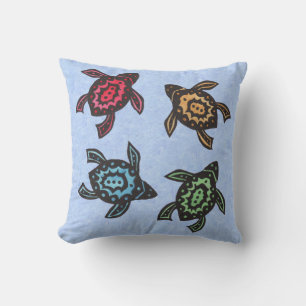 Four Festive Black Turtles Coloured Shells on blue Outdoor Cushion