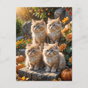 Four Fluffy Autumn Kittens with Pumpkins and Mums Invitation Postcard