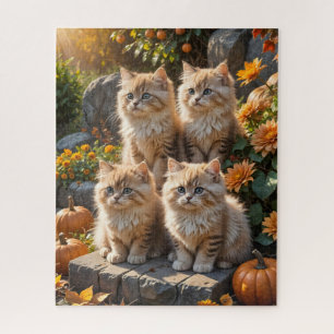 Four Fluffy Autumn Kittens with Pumpkins and Mums Jigsaw Puzzle