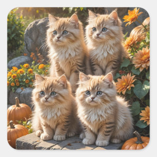 Four Fluffy Autumn Kittens with Pumpkins and Mums Square Sticker