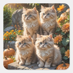 Four Fluffy Autumn Kittens with Pumpkins and Mums Square Sticker