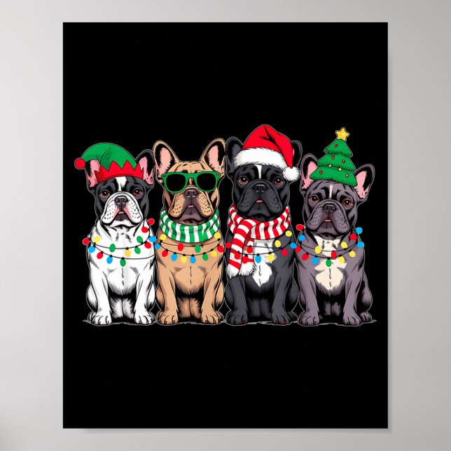 Four French Bulldog Dogs Christmas Funny Santa Rei Poster (Front)