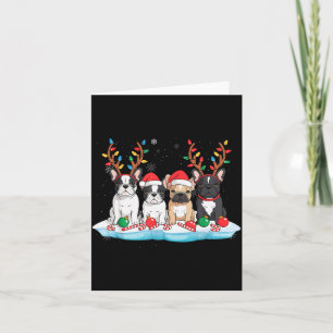 Four French Bulldog Dogs Christmas Light Reindeer  Card