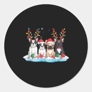 Four French Bulldog Dogs Christmas Light Reindeer  Classic Round Sticker