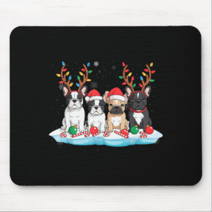 Four French Bulldog Dogs Christmas Light Reindeer Mouse Pad