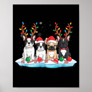 Four French Bulldog Dogs Christmas Light Reindeer Poster