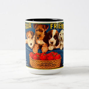 Four Friends Vintage Tomato Crate Label Dogs Two-Tone Coffee Mug