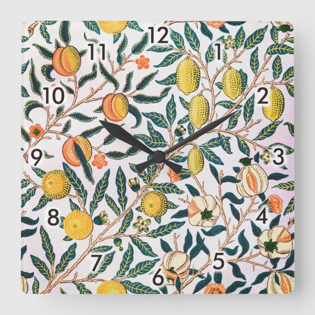 Four Fruit, William Morris Square Wall Clock (Front)