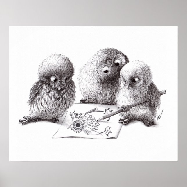 Four Funny Artist Owls Poster (Front)