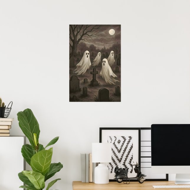 Four Ghosts Under the Full Moon in the Graveyard Poster (Home Office)