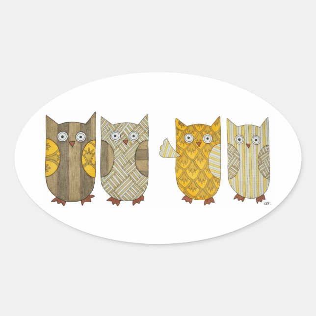 Four Gold Owls Oval Sticker (Front)